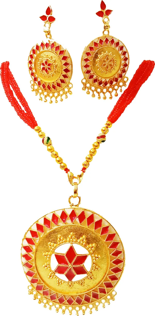 Assamese_Traditional_Red_Colour_Japi_Tassel_Jewellery_Set_For_Women